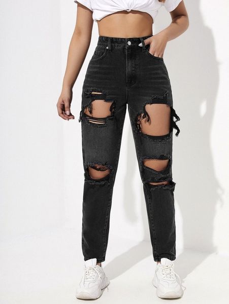 

high waist ripped mom jeans 89af#, Blue