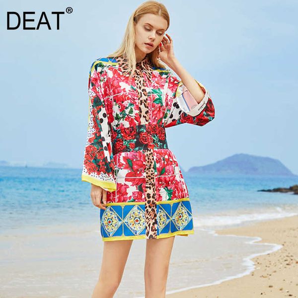 

[deat] spring summer fashion printing long sleeve sashes high waist turn-down collar elegant dress women 13c542 210527, Black;gray