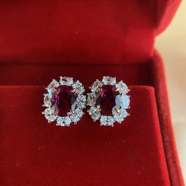 Ovas rubi diamante casamento noivado casamento jóias conjuntos sólidos 925 esterlina prata colar brincos anel