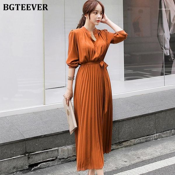 

casual dresses bgteeevr elegant single breasted women pleated full sleeve slim waist a-line female long vestidos 20211, Black;gray