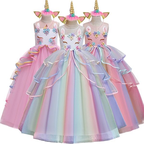 

flower girls birthday party unicorn dress girls school performanc party girl wedding banquet unicorn bridesmaid colorful dress, White;pink