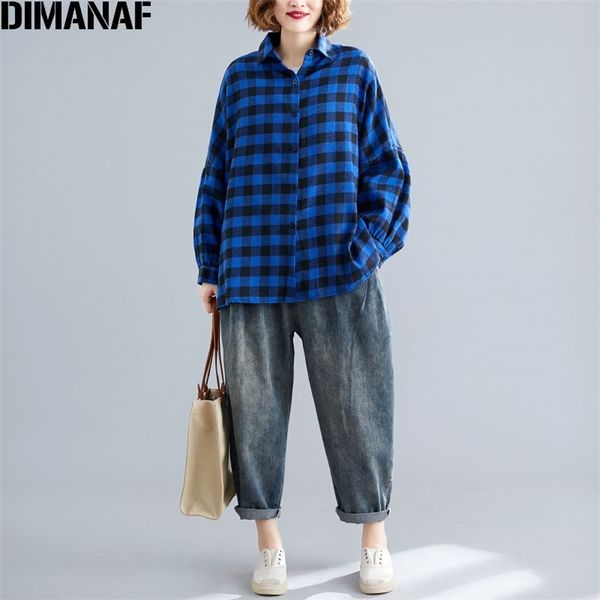 

plus size women blouse plaid print casual long shirts blue full sleeve cardigan autumn big women's 210531, White