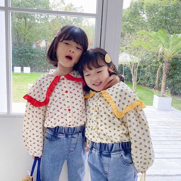 Kızlar Çiçek Bluzlar Gömlek İlkbahar Yaz Bebek Turn-down Yaka Üstleri Üstleri Uzun Kollu Çocuk Giyim 210615