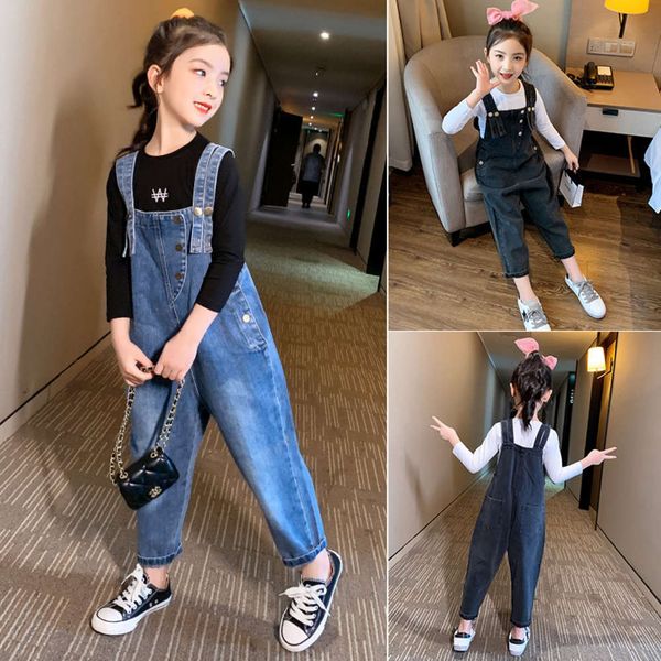 

children's jeans 2021 korean double shoulder with foreign style t-shirt two piece set girls' suspenders suit, Blue