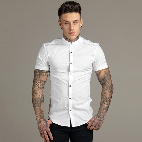 

new summer men fashion short sleeve solid shirt slim fit male social business dress shirt brand mens gym fitness sports clothing, White;black