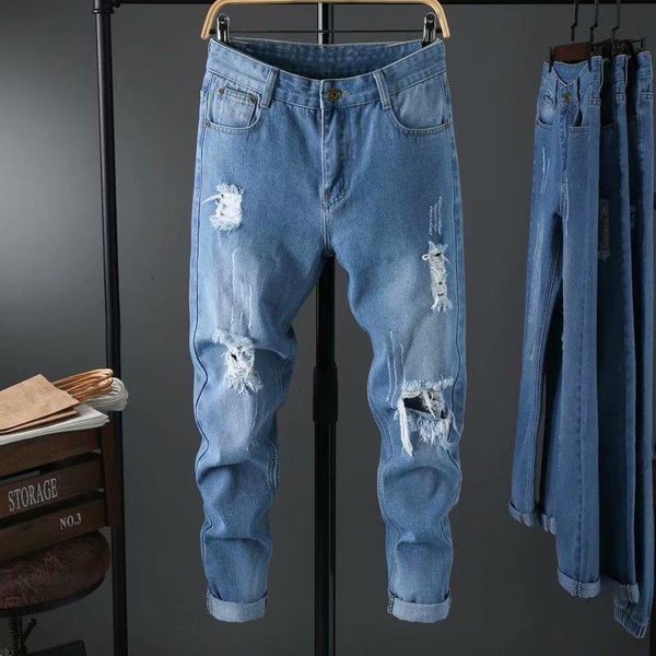 

wholesale 2021 fashion casual men's young handsome beggar hole small feet jeans korean slim casual wild cropped denim pants, Blue