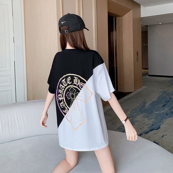

65% off outlet online store 2021 summer new black and white contrast stitching cross loose medium length cotton short sleeve casual t-shirt