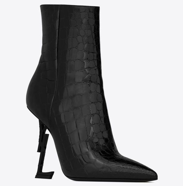 Novas botas OPYUM em couro envernizado com relevo de crocodilo com salto preto, salto alto, cobra, letras, salto alto, bombas, botas femininas, sapatos de grife, tamanho 35-42