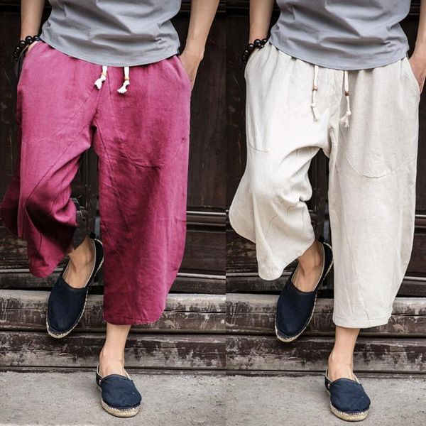 

men's pants 2021 man cotton linen wild leg casual loose calf-length bloomers summer baggy male traditional trousers, Black