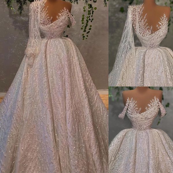 

luxury pearls a line wedding dress one shoulder long sleeve sequins appliques bridal gowns elegant beads wedding dresses robes de mariÃ©e, White