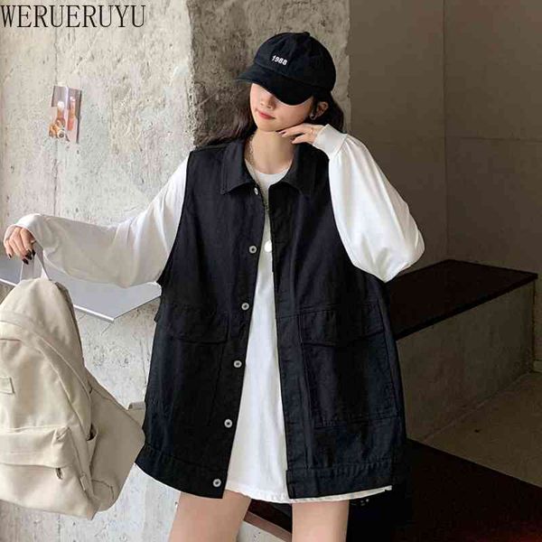 WERUERUYU Donne Temperamento Risvolto Senza Maniche Semplice Tinta Unita Cardigan Giacche Allentate Sottile Gilet Lungo 210608