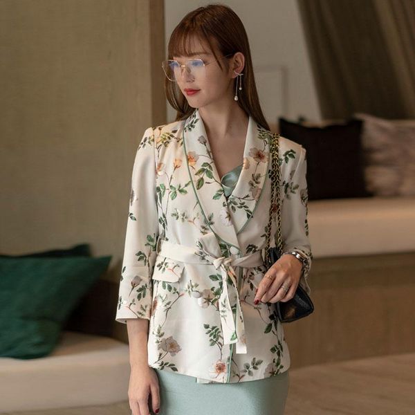

luxury print silk satin acetate blazer long sleeve female outerwear chic single button women fashion office coats sprint, White
