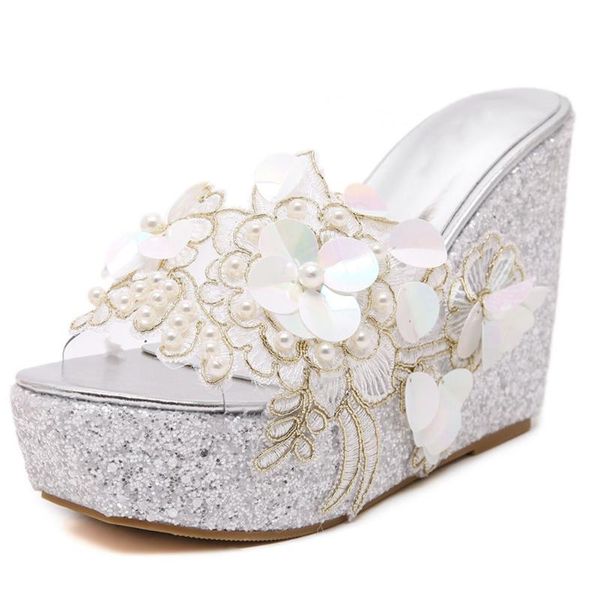 

2021 brand new shoes women flowers wedges high heels bling slip on fashion elegant pearls mules slippers, Black