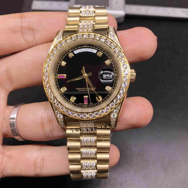 

men's business watch gold stainless steel watch diamond bezel watch middle row diamond strap automatic mechanical watches, Slivery;brown