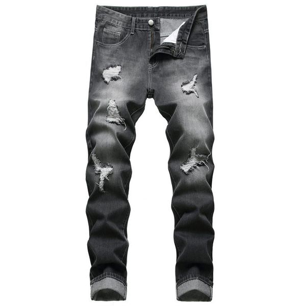 

men's jeans 2021 ripped teenagers black straight denim trousers, Blue