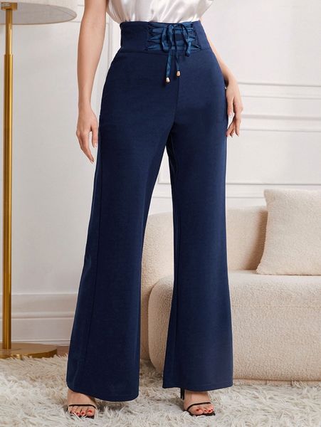 

lace up wide waistband palazzo pants 698o#, Black;white