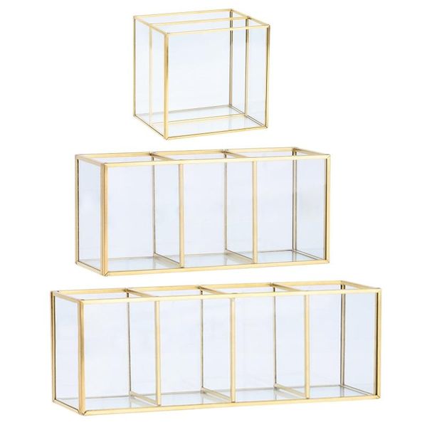 

gold glass makeup brush holder storage container ring earring holder clear glass