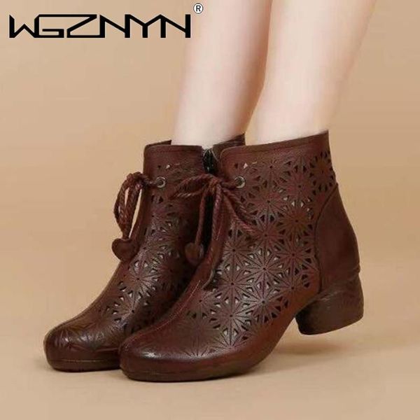 

sandals 2021 fashion leather middle heel short boots women's hollow out thick mesh cool single boot shoes, Black