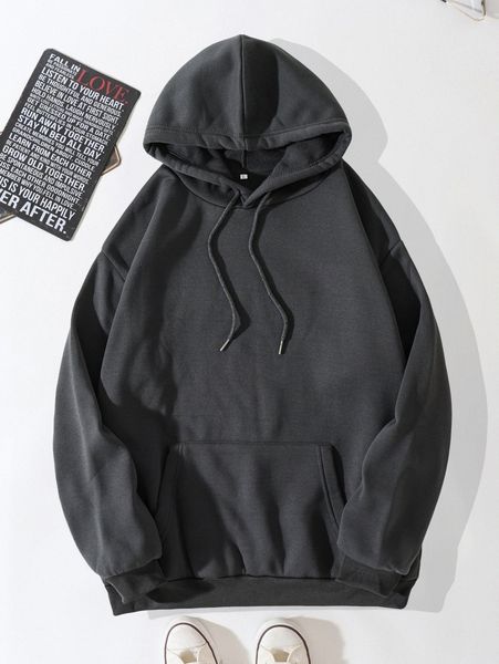 

men kangaroo pocket drawstring thermal hoodie 15re#, Black