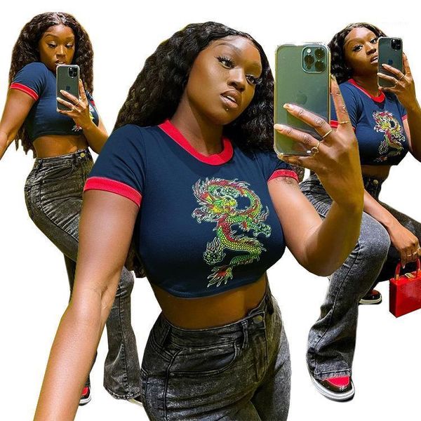 

women's t-shirt zaggin 2021 summer women camouflage dragon print slim short all matching casual lady o-neck sleeve, White