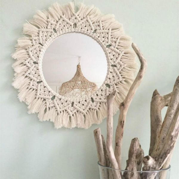 

macrame handmade wall mirror tapestry makeup mirror cotton compact home bedroom espejos decorativos wall mirrors boho decor