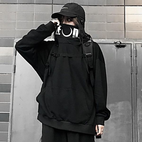 

punk dark style high neck sweatshirt silver letter chic autumn winter fashion streetwear hip hop long sleeve jacket, Black