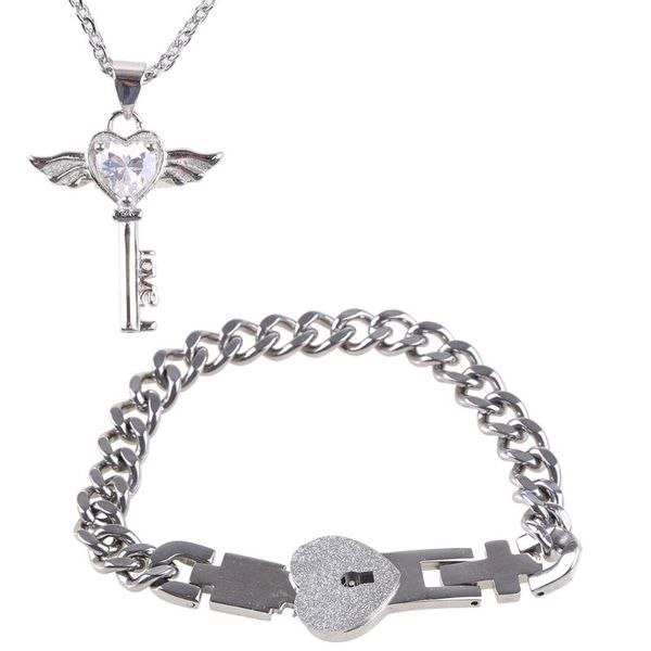 

earrings & necklace m7dd 2pcs stainless steel love heart key lock macthing bangle bracelet pendant couple lover jewelry set, Silver