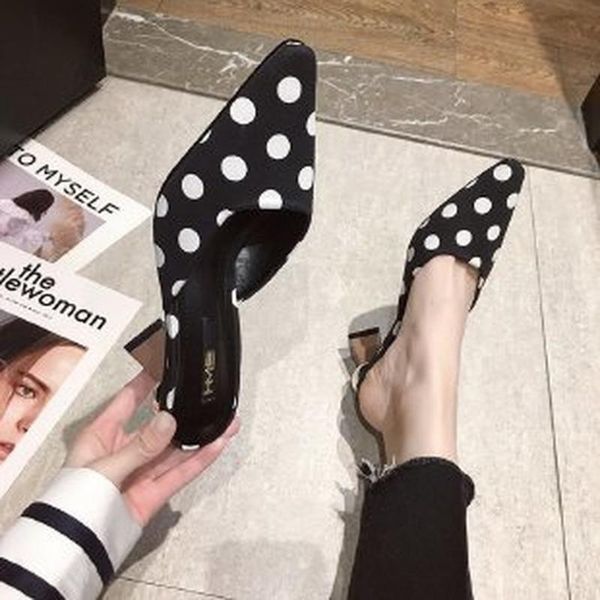 

slippers chic high heel pointed toe shoes women mules elegant half slipper black white dot ladies office pumps