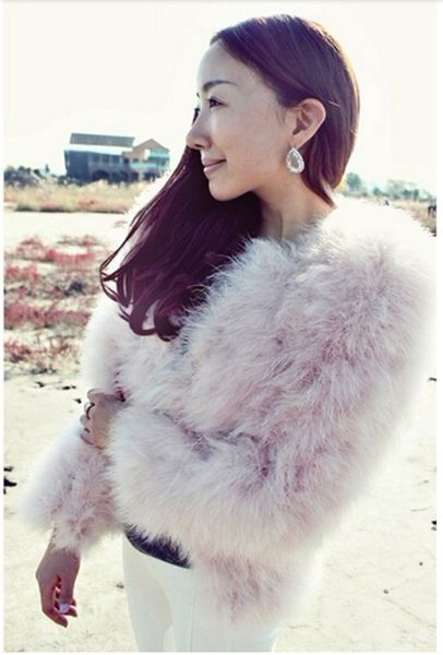 

women long hairy shaggy faux ostrich fur jacket short warm coat 2015 new autumn winter faux flamingo fur outwear angelababy, Black