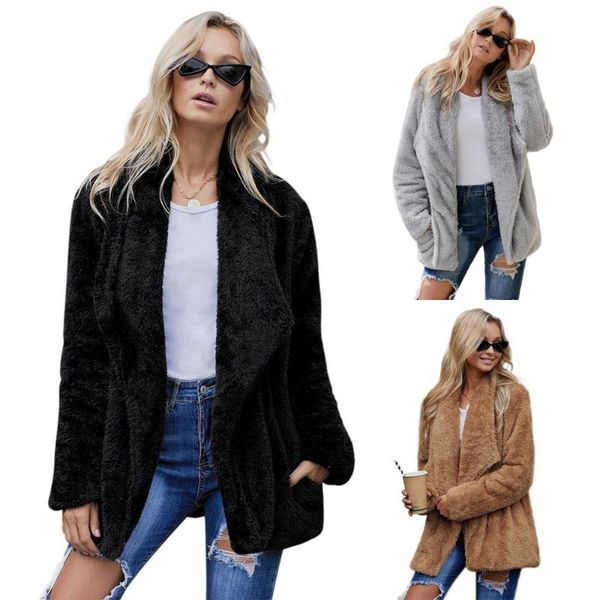 

women's jackets plush winter jacket mid-length overcoat lapel loose coat for women 85290, Black;brown