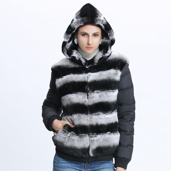 

women's fur & faux jacket hooded women real coat winter slim warm rex 2021, Black