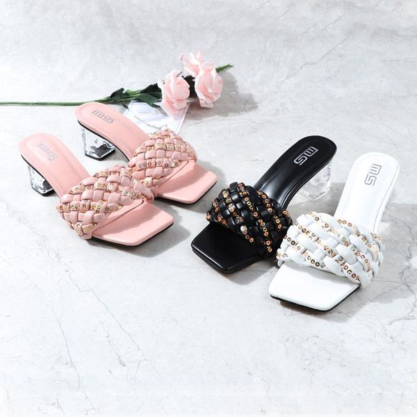

slippers high-heeled shoes lady ladies' fabric rubber rome slides pu hoof woman 2021 heels high fab, Black