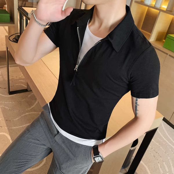 

summer polo shirts men fake tow piece zipper short sleeve casual business slim fit solid homme 210527, White;black