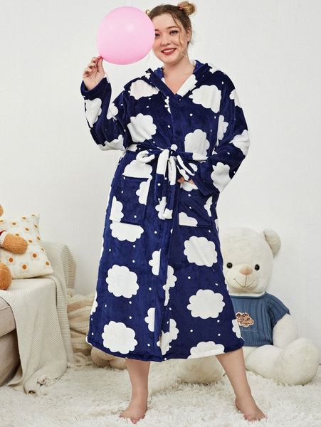 

plus cloud and polka dot belted hooded flannel robe u9cj#, Black;white