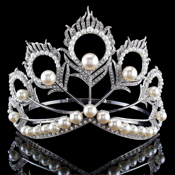 Новое Прибытие Большой Размер 2017 Мисс Вселенная Живая Корона Полный Круглый Регулируемый Серебряный Жемчужина Пиккок Перо Tiara Pageant 210203