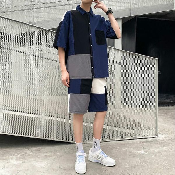 

men's tracksuits 2021 summer casual suit trend stitching contrast color loose large size sports short sleeve, Gray