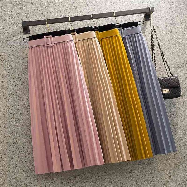 

spring drape a-line pleated skirt with belt womens elegant solid accordion calf long skirts pink green burgundy, Black