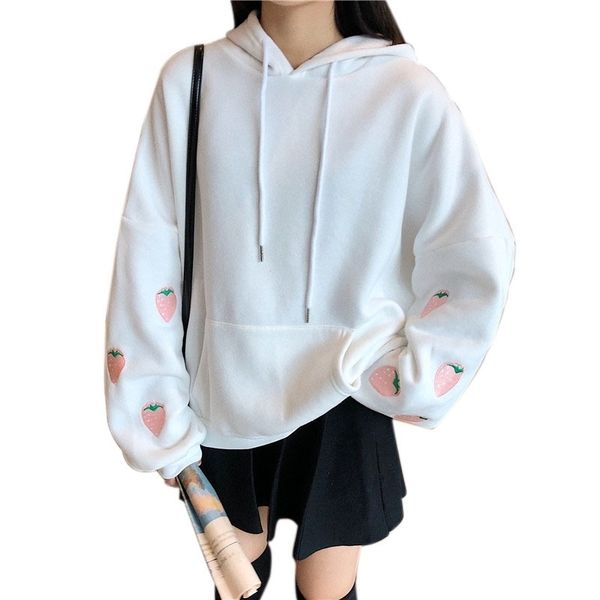 

simple harajuku strawberry embroidery lavender pink sweatshirt women kawaii loose long sleeves oversized hoodies lj201130, Black