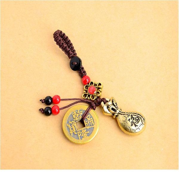 

handmade rope lucky feng shui hanging vintage brass money bag keychain pendant jewelry ancient five emperors coins car k qylyjd