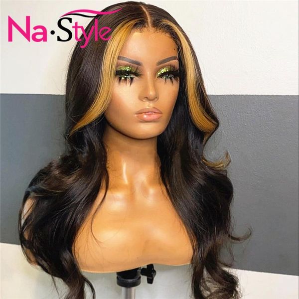 

lace wigs body wave front wig highlight human hair remy brazilian honey blonde ombre middle parting 150%, Black;brown