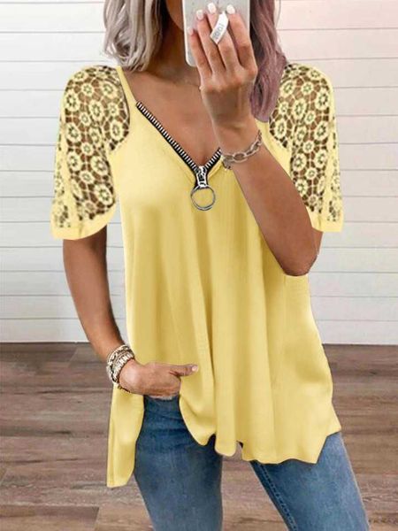 

2021 summer new lace splicing short sleeve solid color t-shirt blouse, White