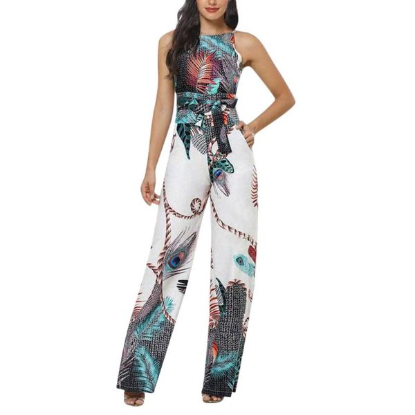 

women's jumpsuits & rompers women o-neck feather printed sleeveless bandage loose long slim fit anke-length paysuits, Black;white