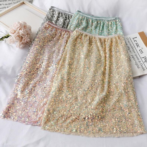 

skirts [ewq]2021 summer vintage long metallic silver high waist bright clothes sequined women korea casual party faldas 6 color, Black