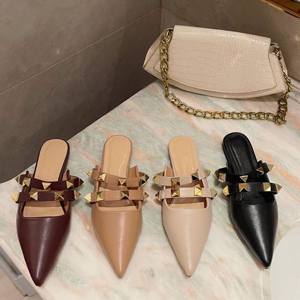 

2021 new brand women slippers pointed toe rivet flat heel slip on mules shoes casual outdoor ladies slides spring sandal size 40, Black