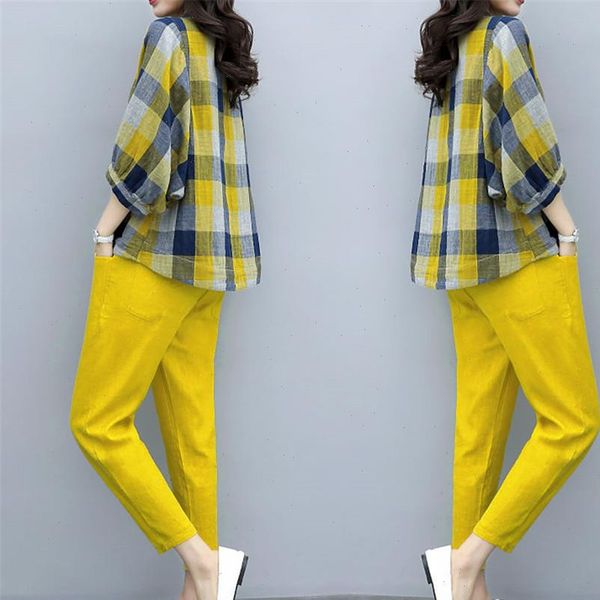 

two piece sets outfits women plus size plaid blouses and pants suits korean elegant casual 2 piece sets 2021, Gray
