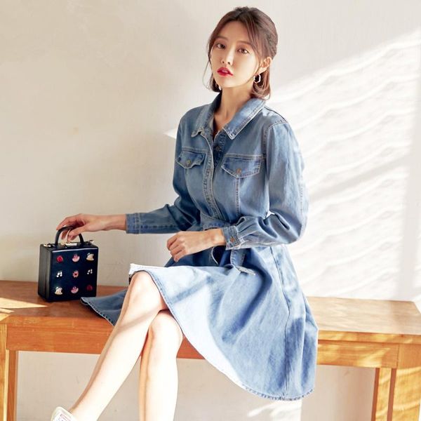 

casual dresses light denim women blue fashion long sleeves lace up sashes summer blouse shirt short female dress cy21, Black;gray