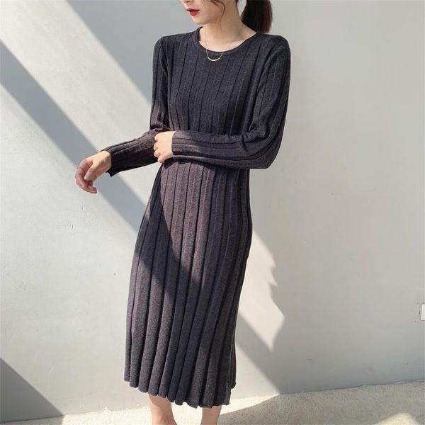

casual dresses autumn and winter women's solid color round neck long-sleeved knitted slim dress, Black;gray