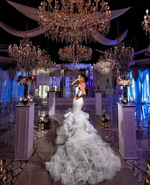 

new arrival luxury mermaid wedding dresses ruffles spaghetti straps lace applique organza chapel train garden bridal gown vestido de noiva, White