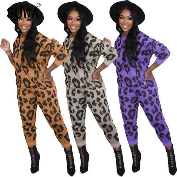 

autumn women sets clothes leopard print o-neck long sleeve casual sweat high waist drawstring pants outfits sports party 210525, White