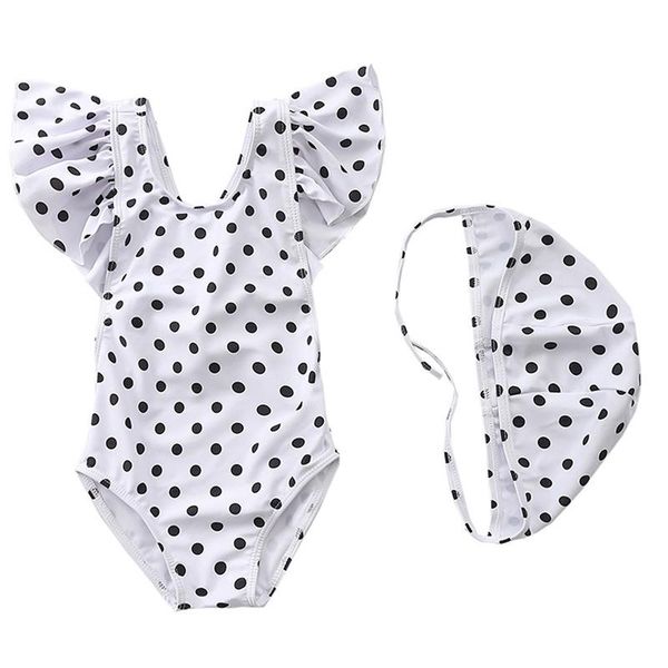 

one-piece suits 2 pcs set one piece swimsuit+hat infant toddler baby girl retro polka dot ruffle swimsuit criss cross swimwear bathing suit